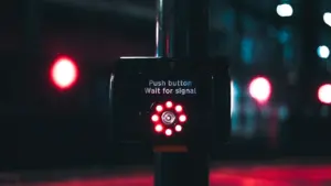 Ein beleuchteter Ampel-Druckknopf mit rotem Signal bei Nacht an einer Straße.