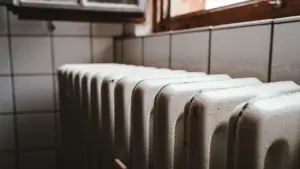 Weißer Heizkörper vor einem braunen Holzfenster in einer typischen deutschen Wohnung.