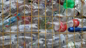 Ein Gitterkäfig gefüllt mit gesammelten Plastikflaschen als Zeichen für nachhaltiges Recycling in München.