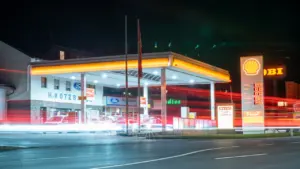 Eine nächtliche Tankstelle in Bayern, Deutschland, mit Preisschild und leuchtendem Tankstellendach.