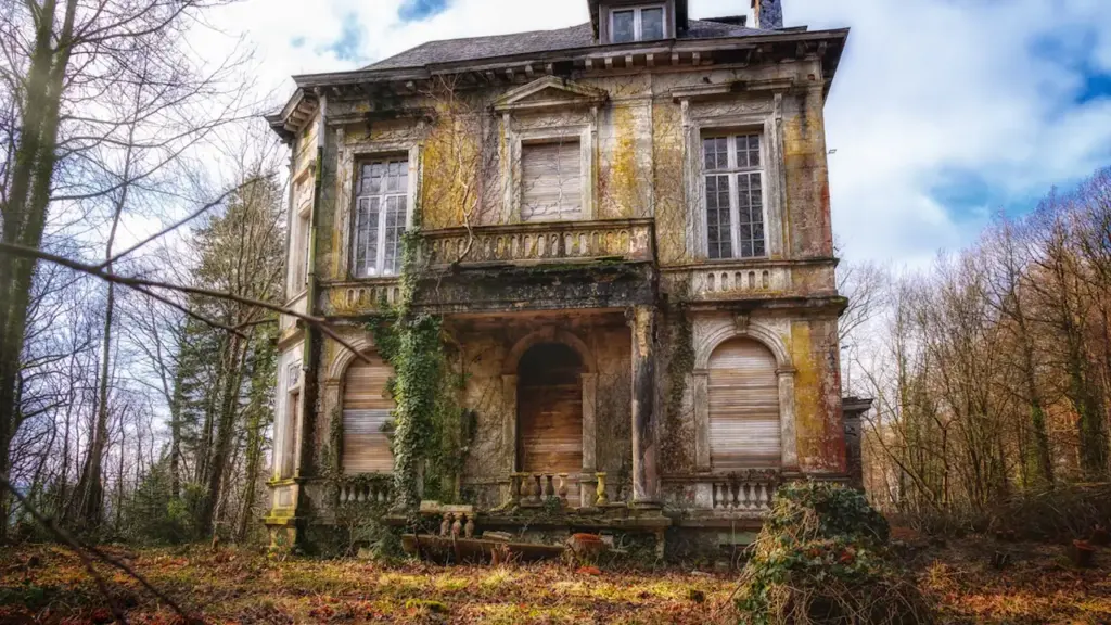 Ein verlassenes, verwunschenes Herrenhaus inmitten eines herbstlichen Waldes in Deutschland.