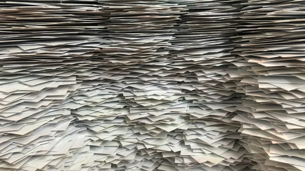 Ein riesiger Stapel aus weißem Papier in einer Kunstgalerie, nah fotografiert.