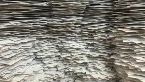 Ein riesiger Stapel aus weißem Papier in einer Kunstgalerie, nah fotografiert.