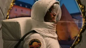Ein Mann mit Brille trägt einen weißen Astronautenanzug mit einem Red Dust Society Aufnäher.